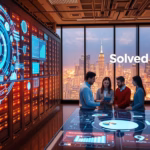 Team collaborating in a modern office with digital analytics displays, showcasing AI technology and Solved branding, emphasizing AI-driven conversion rate optimization for businesses.