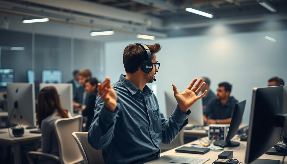Man wearing a headset gesturing during a sales call in a modern office, illustrating the integration of Voice AI in outbound sales strategies.