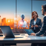 Business professionals discussing AI-driven solutions with a holographic representation in a modern office setting, highlighting the role of technology in market trend prediction and decision-making.