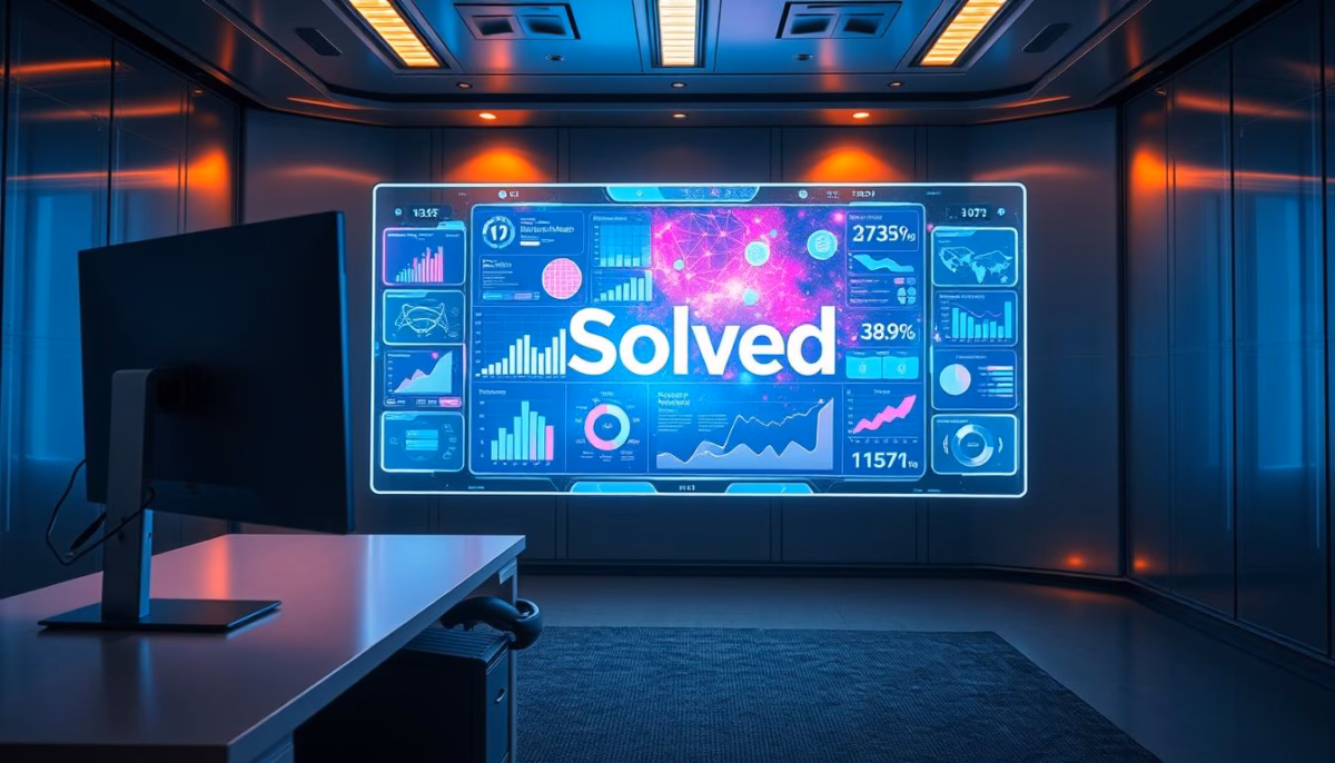 Data analytics dashboard displaying "Solved" in a modern office setting, highlighting audience insights, marketing metrics, and AI-driven content strategy.