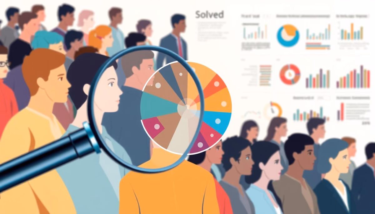 Illustration of diverse audience members with a magnifying glass highlighting audience segmentation data, representing AI-powered advertising strategies for small businesses.