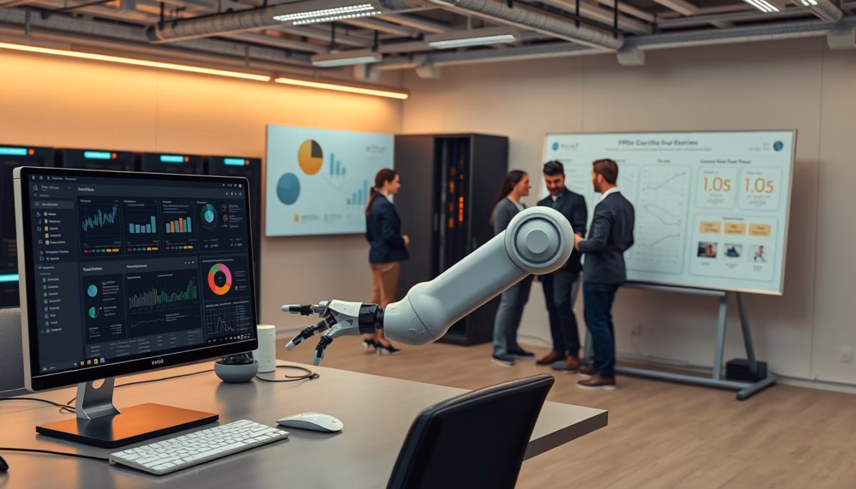 Computer monitor displaying data analytics with robotic arm in foreground, team discussing AI-driven strategies for optimizing affiliate marketing in modern office setting.