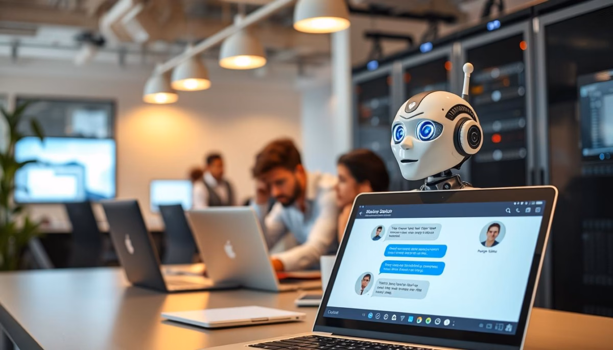 AI chatbot in modern office setting, interacting on laptop screen, enhancing e-commerce customer service and operational efficiency.