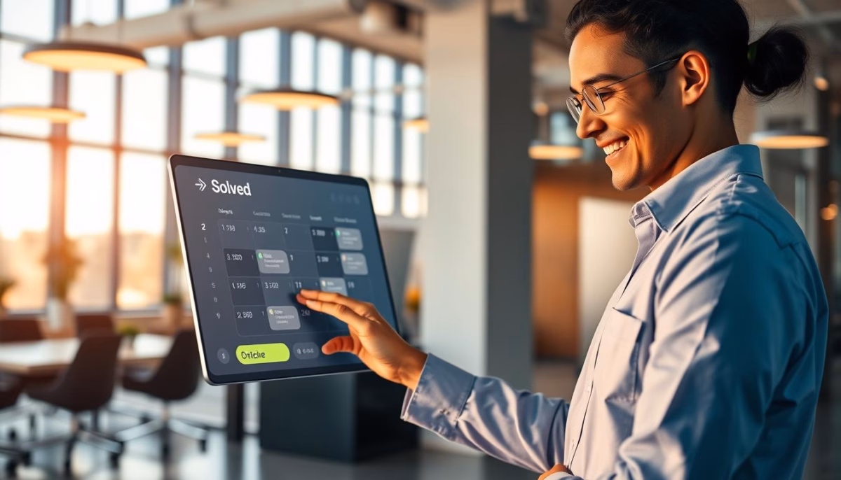 Person interacting with a digital scheduling interface from Solved, showcasing AI-driven appointment booking solutions in a modern office setting.