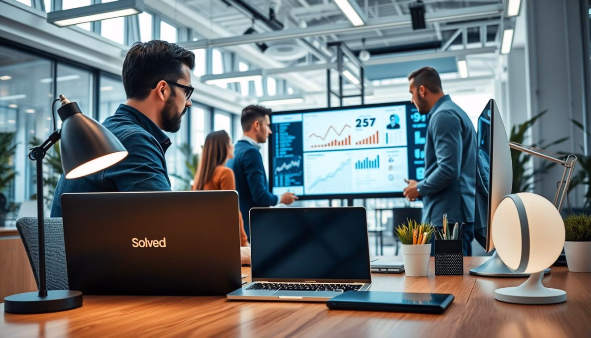 Business meeting in modern office with team analyzing customer analytics data on screen, featuring laptops with 'Solved' branding, emphasizing AI-driven conversion rate optimization strategies.