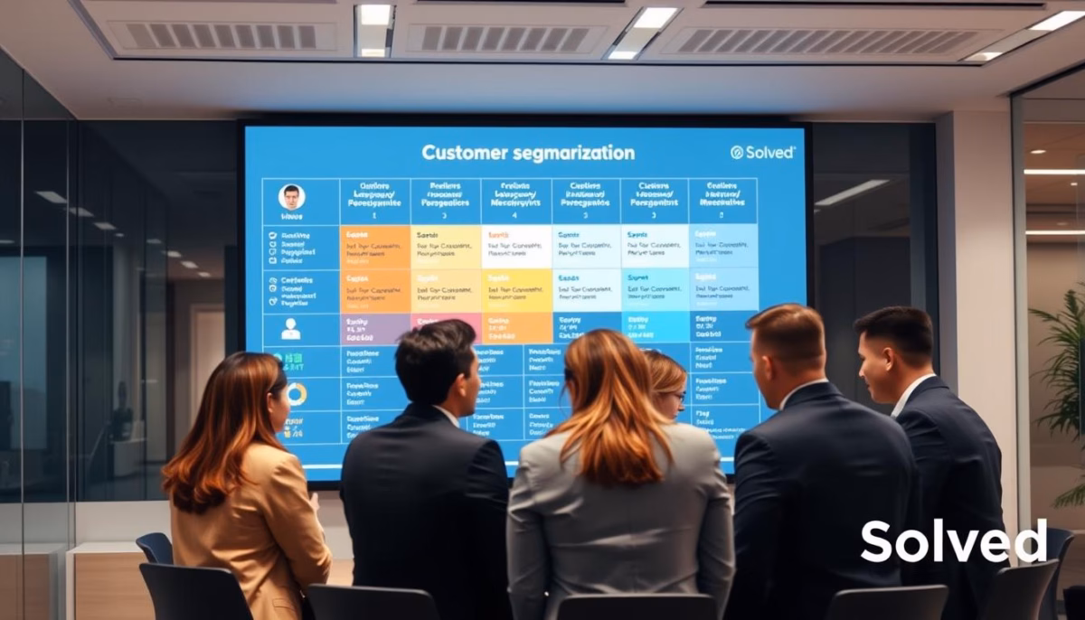 Group of professionals observing a presentation on customer segmentation strategies using AI, featuring a colorful chart displaying various customer profiles and marketing approaches, with the Solved logo visible.