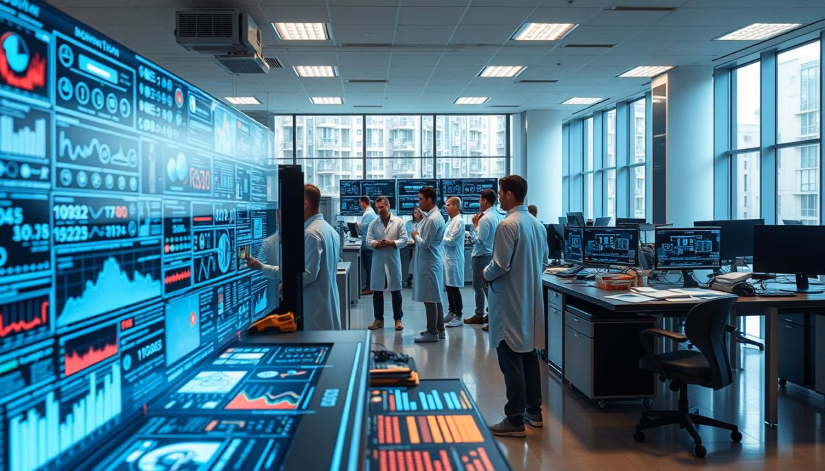 Data scientists in lab coats analyzing AI-driven marketing analytics on digital screens in a modern office environment.