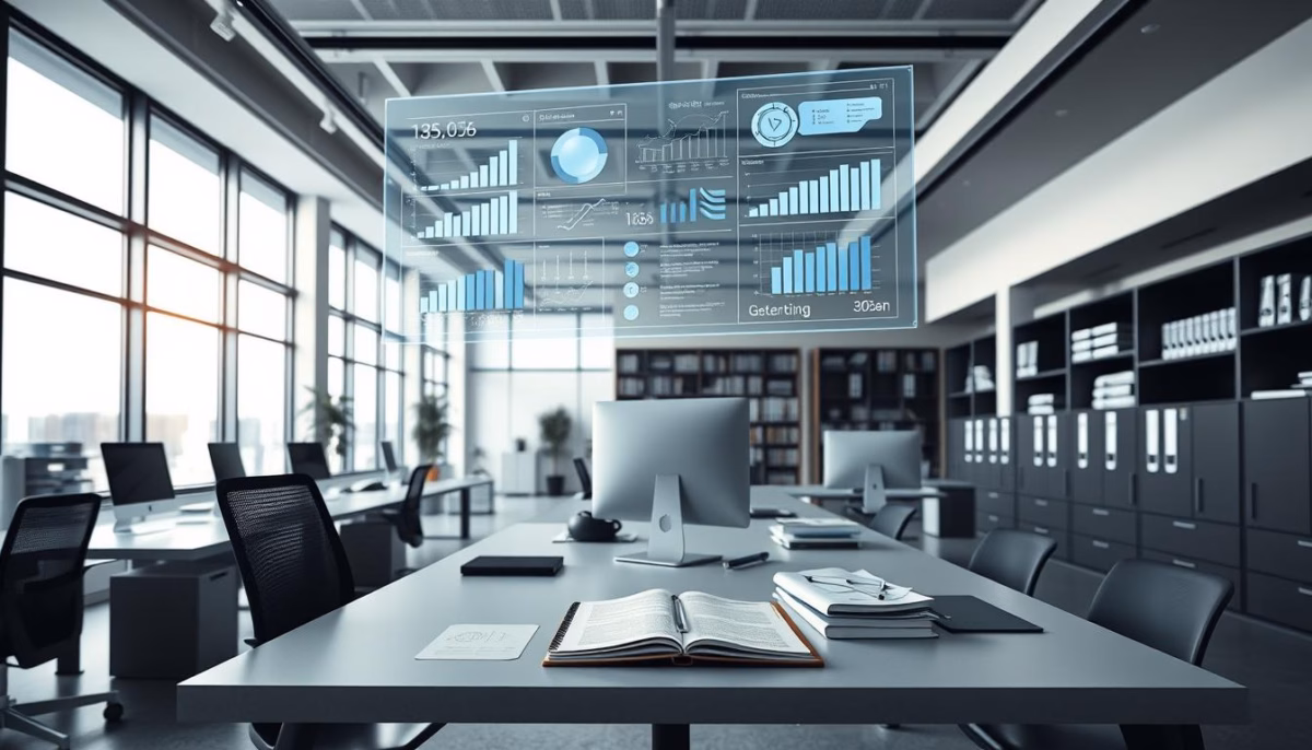 Office workspace with computer, holographic data visualizations, and open notebook, illustrating AI-driven lead data enrichment for small businesses.