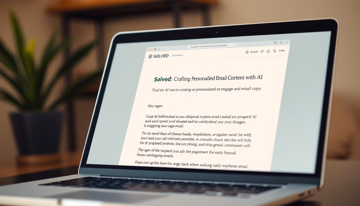 Laptop displaying the webpage titled "Solved: Crafting Personalized Email Content with AI," emphasizing strategies for utilizing AI in email marketing.