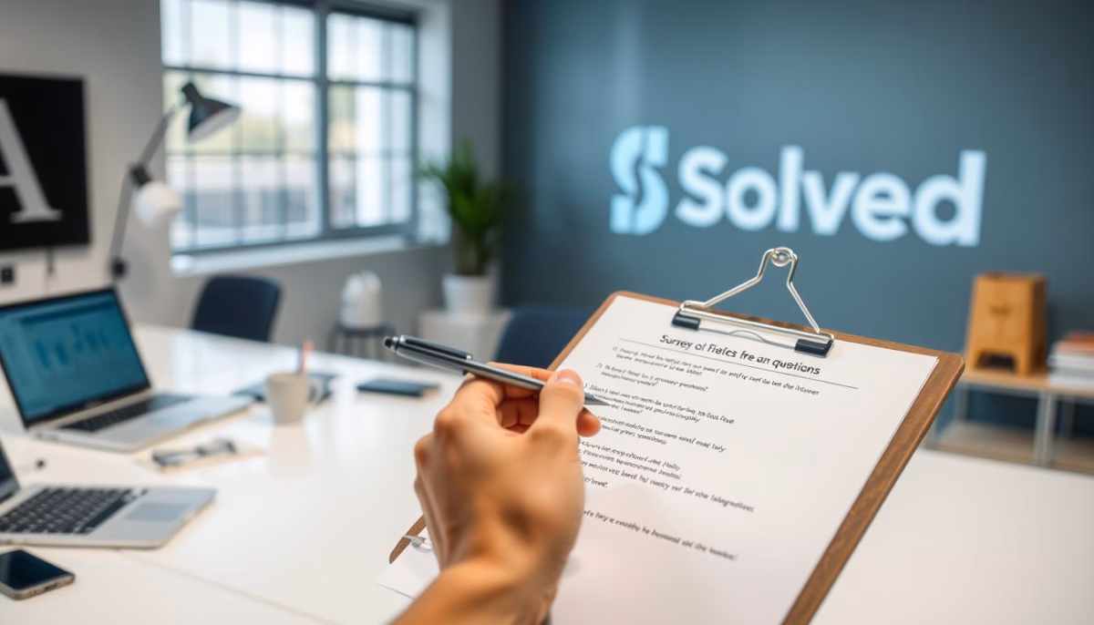 Hand holding clipboard with survey questions in front of Solved branding in modern office setting, emphasizing customer feedback automation for small businesses.