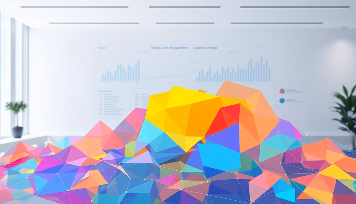 Colorful geometric shapes representing data visualization and analytics in a modern office setting, symbolizing the impact of AI on email marketing strategies.