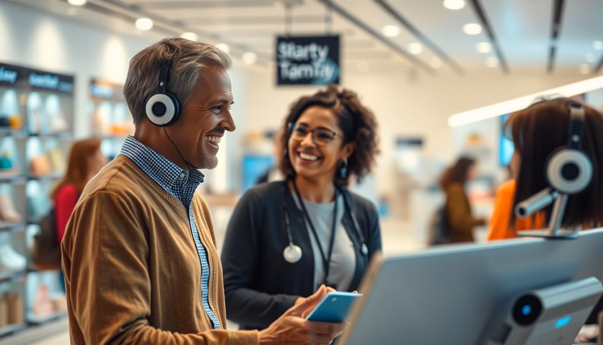 Man and woman engaging in conversation at a retail store, showcasing customer interaction and service, relevant to enhancing customer experience with AI chatbots in e-commerce.