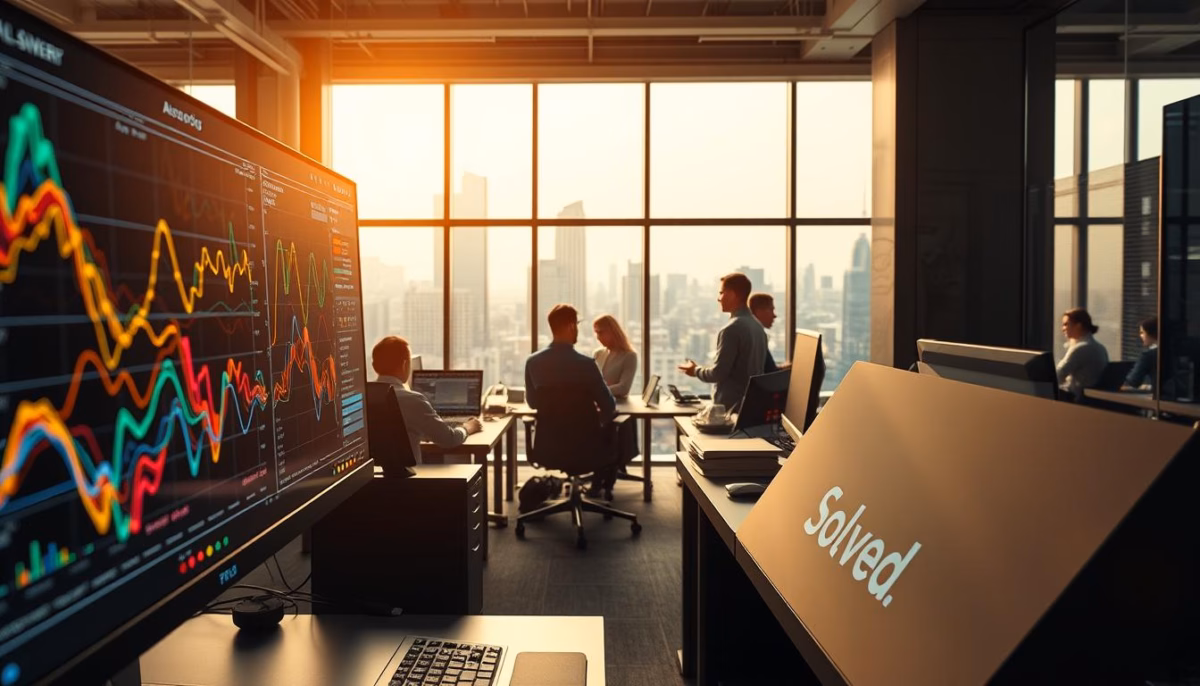 Office setting with professionals analyzing data on screens, showcasing Solved branding, emphasizing AI-driven customer behavior insights and business growth strategies.