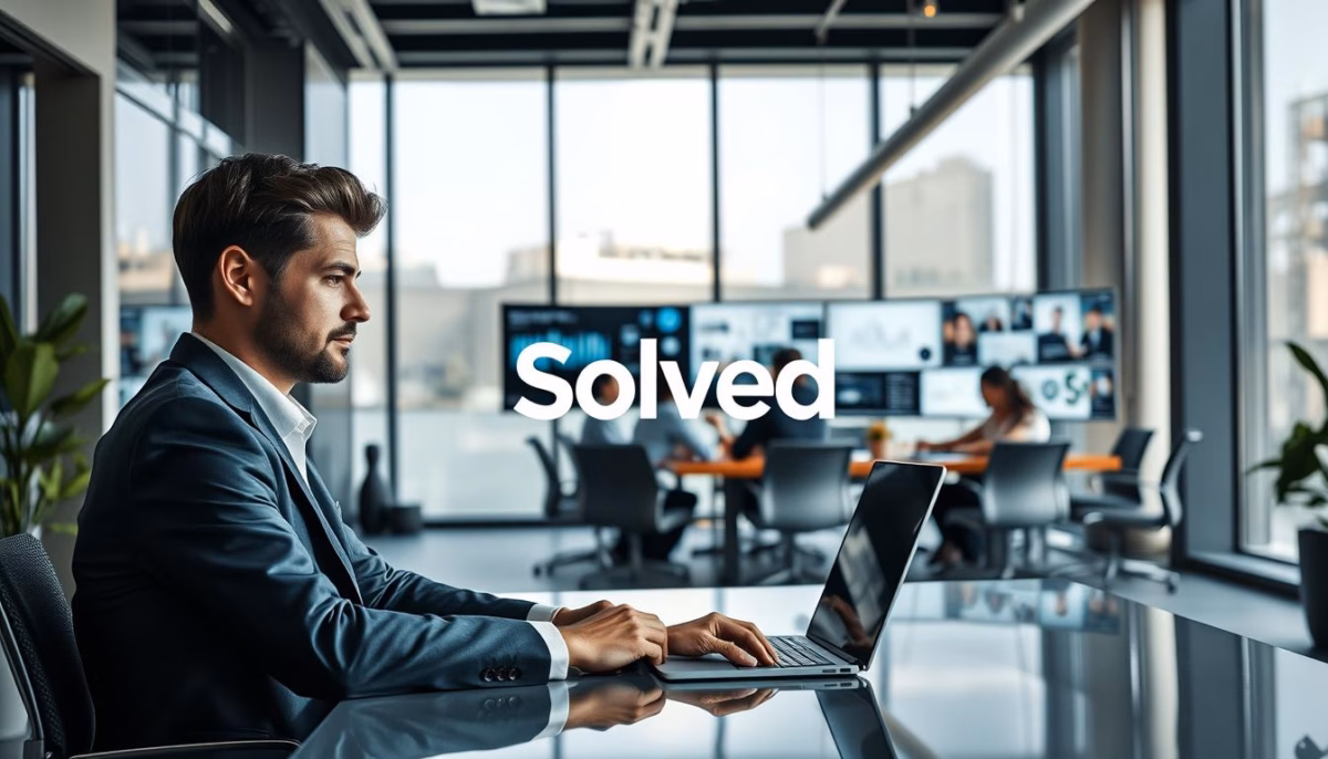 Business professional working on a laptop in a modern office setting, featuring the brand name "Solved" prominently, emphasizing AI-driven personalization in marketing strategies.