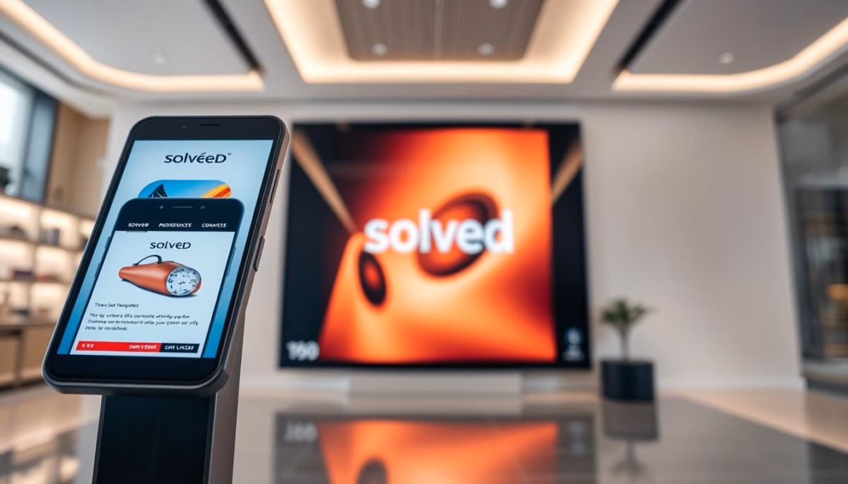 Smartphone displaying Sales Solved app interface in foreground with vibrant "solved" digital screen background, illustrating AI integration in advertising strategies.