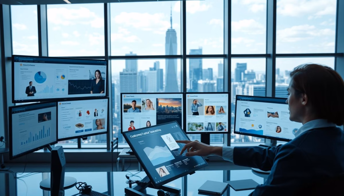 Professional analyzing marketing analytics on multiple screens with city skyline view, showcasing AI-driven insights and personalized data visualization.