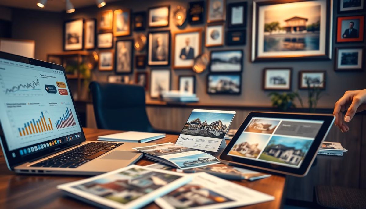 Real estate marketing workspace with laptop displaying data analytics, tablet showing property listings, and printed materials on a desk, emphasizing AI technology use for lead generation and sales strategies.