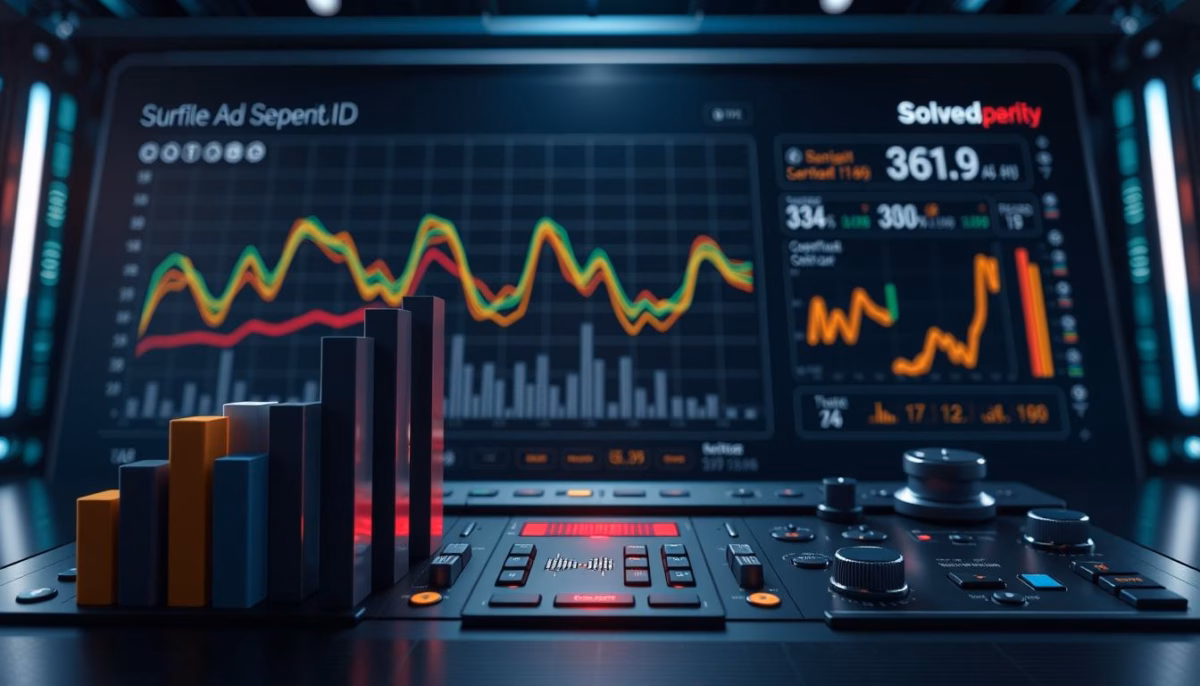 Data visualization dashboard showcasing AI-driven advertising metrics, including colorful bar charts and line graphs, emphasizing real-time optimization and performance analysis for small businesses.