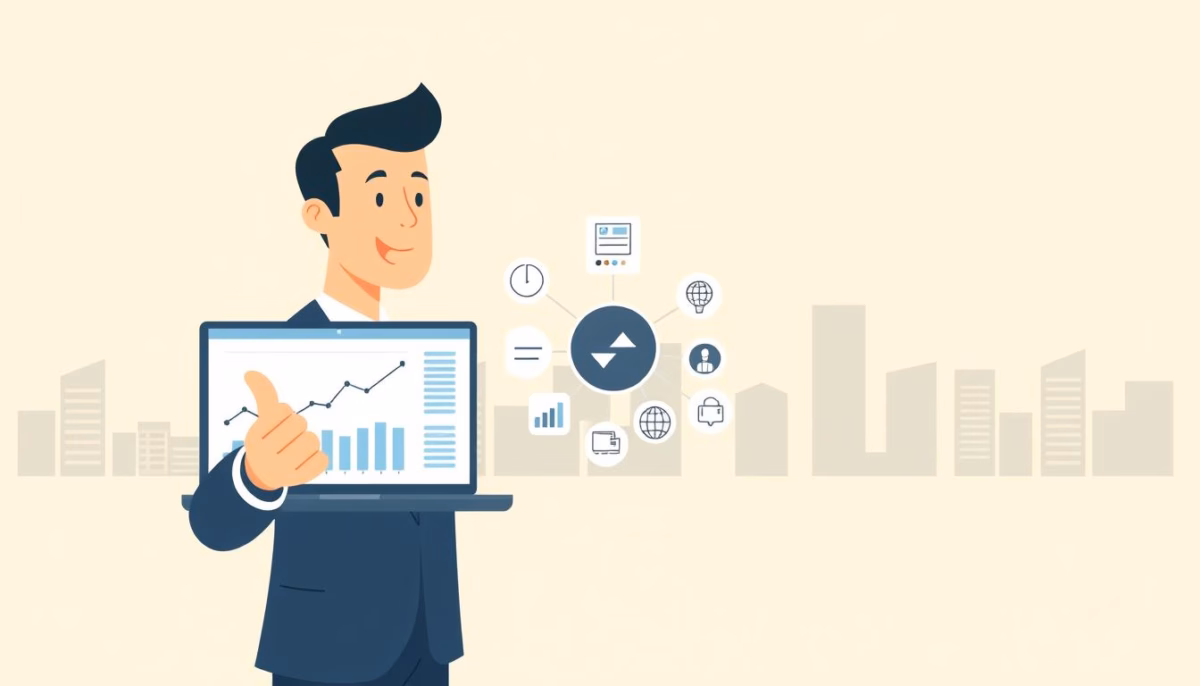 Business professional holding laptop displaying growth chart and digital marketing icons, symbolizing AI's impact on PPC advertising strategies for small businesses.