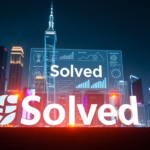 AI-powered digital solutions logo for Solved, with city skyline and data analytics graphics, emphasizing AI in podcast creation and marketing.