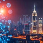 AI-powered data visualization overlay on a city skyline at night, illustrating advanced marketing strategies for small businesses.