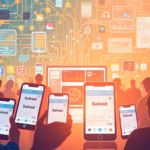 AI-powered social media ads on smartphones with data visualization, representing Solved's focus on AI-driven pricing optimization for small businesses.