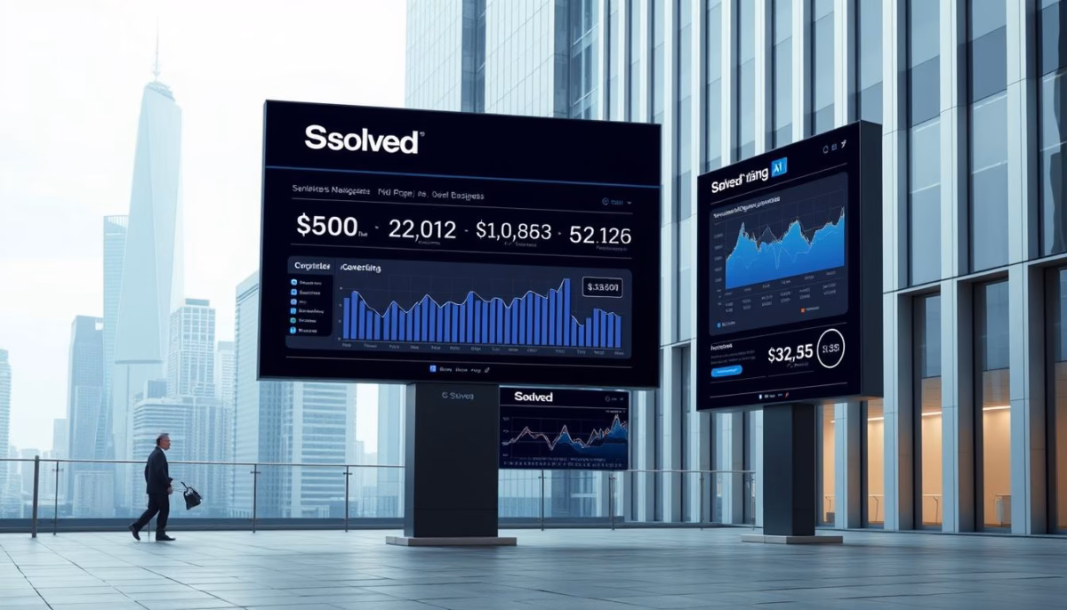 Business professional walking past large digital displays showcasing AI-driven social media ad performance metrics and analytics, featuring the brand name "Solved" and financial data visualizations.