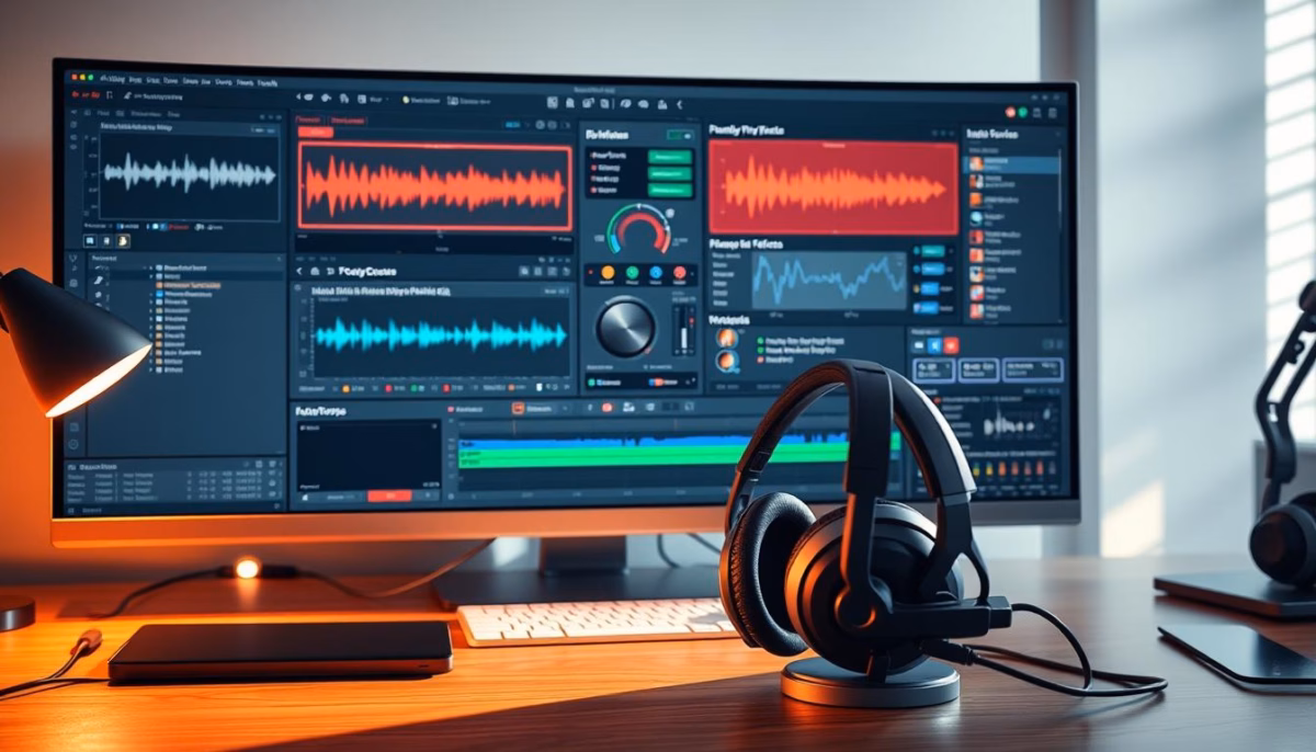 Audio editing software interface on a computer screen with colorful waveforms, headphones on a wooden desk, illustrating AI tools for podcast creation and editing.