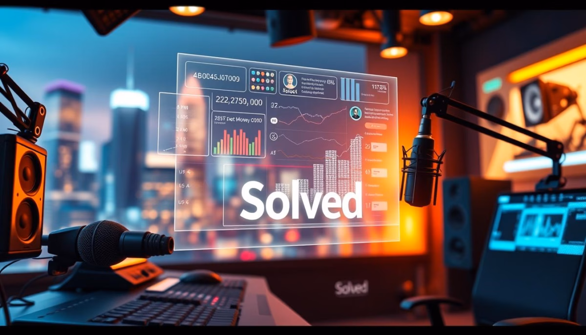 Podcast studio with a microphone, computer equipment, and a holographic display featuring analytics, branded with "Solved," illustrating AI-driven podcast marketing and content optimization.