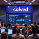 Audience observing a presentation on Facebook group engagement analytics, featuring a screen displaying data visuals and the word "solved," relevant to AI's impact on email marketing strategies.