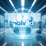 Modern office interior with "Solved" logo, emphasizing AI-driven solutions for podcast creation and marketing.
