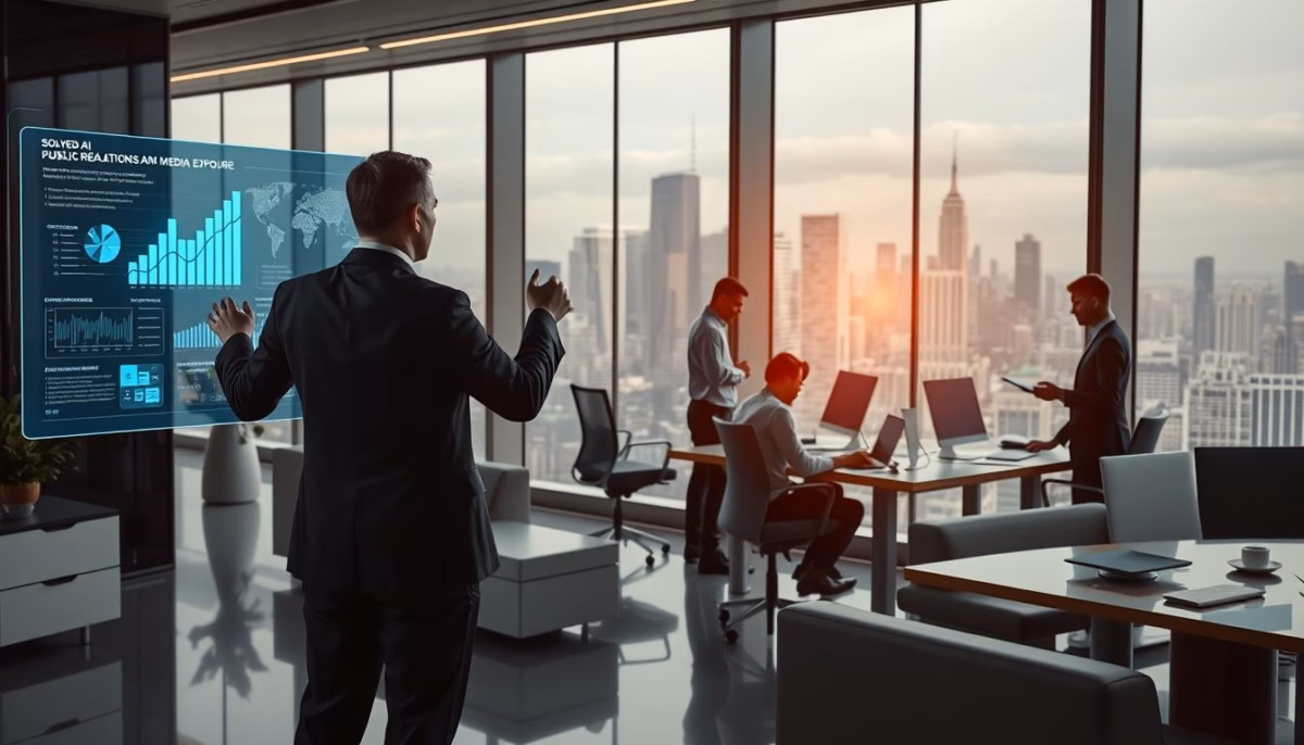 Business professional analyzing digital data on AI in public relations, with city skyline view and colleagues collaborating in modern office setting.