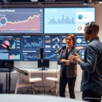 Two professionals discussing data analytics in a modern office setting, with multiple screens displaying graphs and metrics related to lead generation and marketing insights.