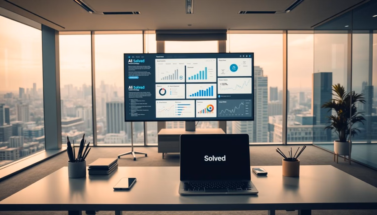 Modern office setting with a laptop displaying "Solved" and a large screen showcasing AI analytics dashboards, emphasizing data-driven PR strategies for small businesses.