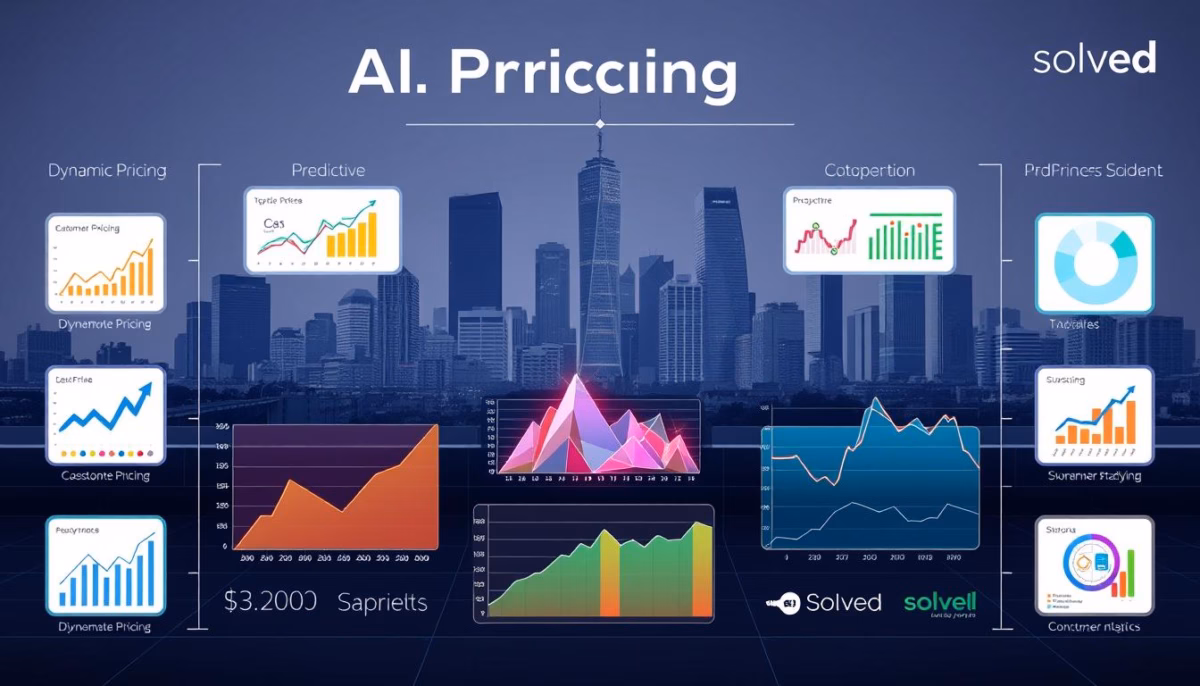 AI pricing strategies infographic featuring dynamic, predictive, and co-pricing models, with various data visualizations and the Solved logo, illustrating AI-driven pricing optimization for small businesses.