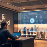 Business professional at desk using laptop, with Solved logo and AI-driven pricing optimization display in background, emphasizing data-driven decision-making for small business profitability.