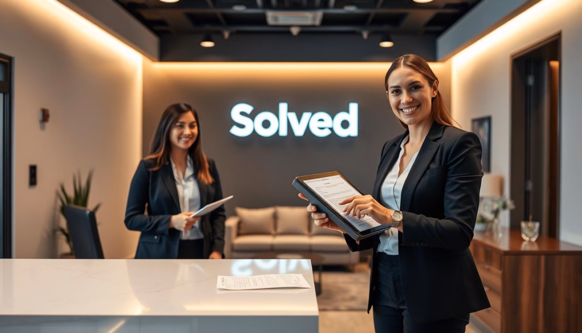 Two professional women in an office setting, one holding a tablet and smiling, the other with a document, in front of a "Solved" logo, representing the client onboarding process enhanced by AI technology.