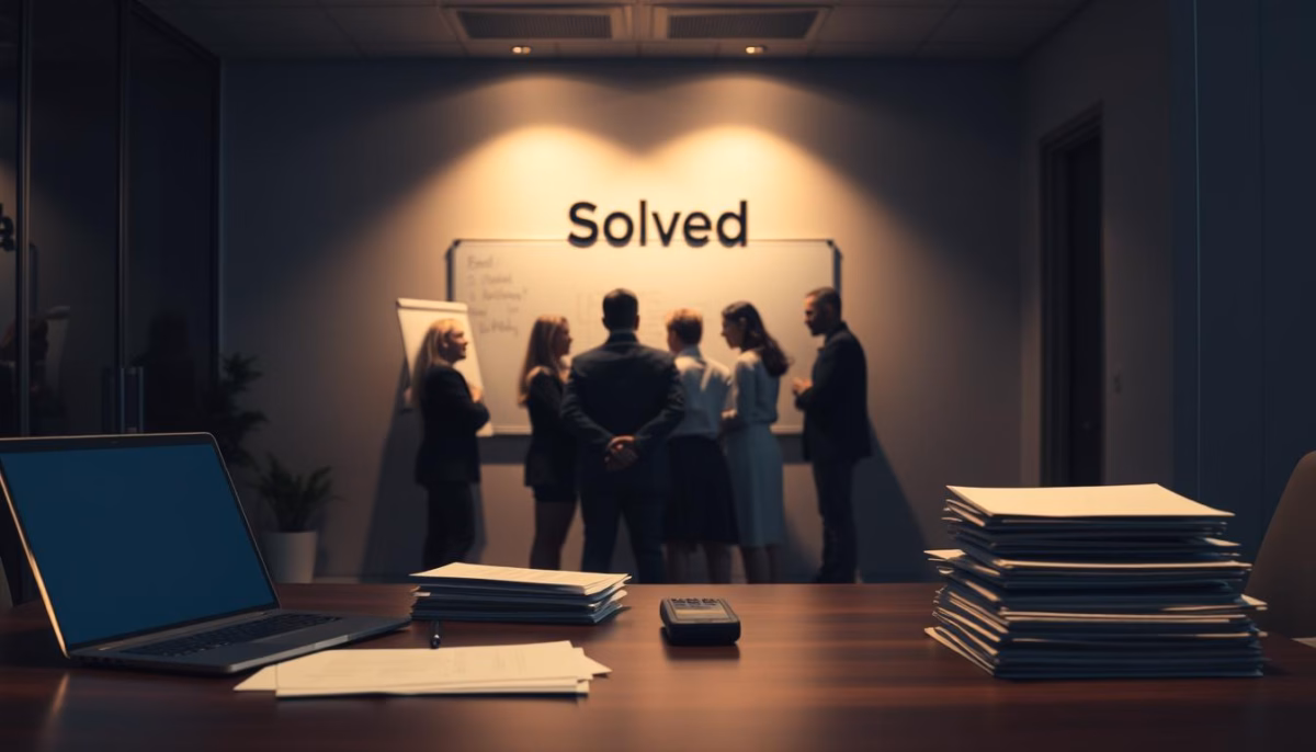 Business meeting in office with team discussing client onboarding solutions, "Solved" written on whiteboard, laptop and documents on table.