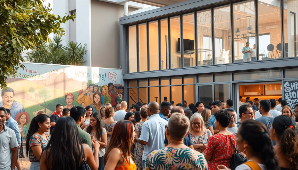 Crowd of diverse individuals engaging in a vibrant community event outside a modern building, with a mural depicting friendly faces and the phrase "This is the community" visible, reflecting themes of collaboration and social interaction relevant to Facebook community management.