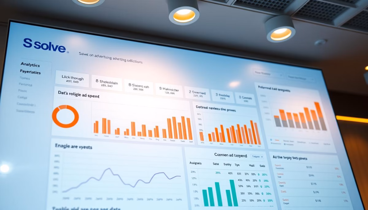 Dashboard displaying AI-powered analytics for social media ad optimization, featuring graphs and metrics on ad spending, engagement rates, and performance insights for small businesses.