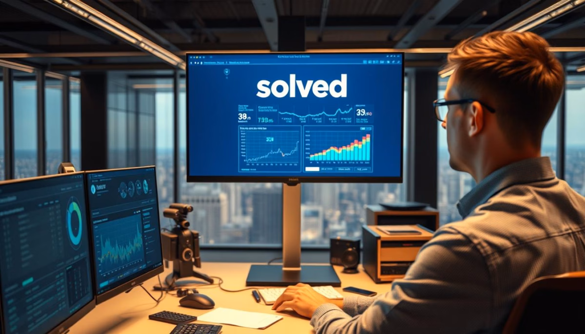 Person analyzing data on multiple computer screens in a modern office, featuring graphs and metrics related to lead generation, with "solved" logo prominently displayed.