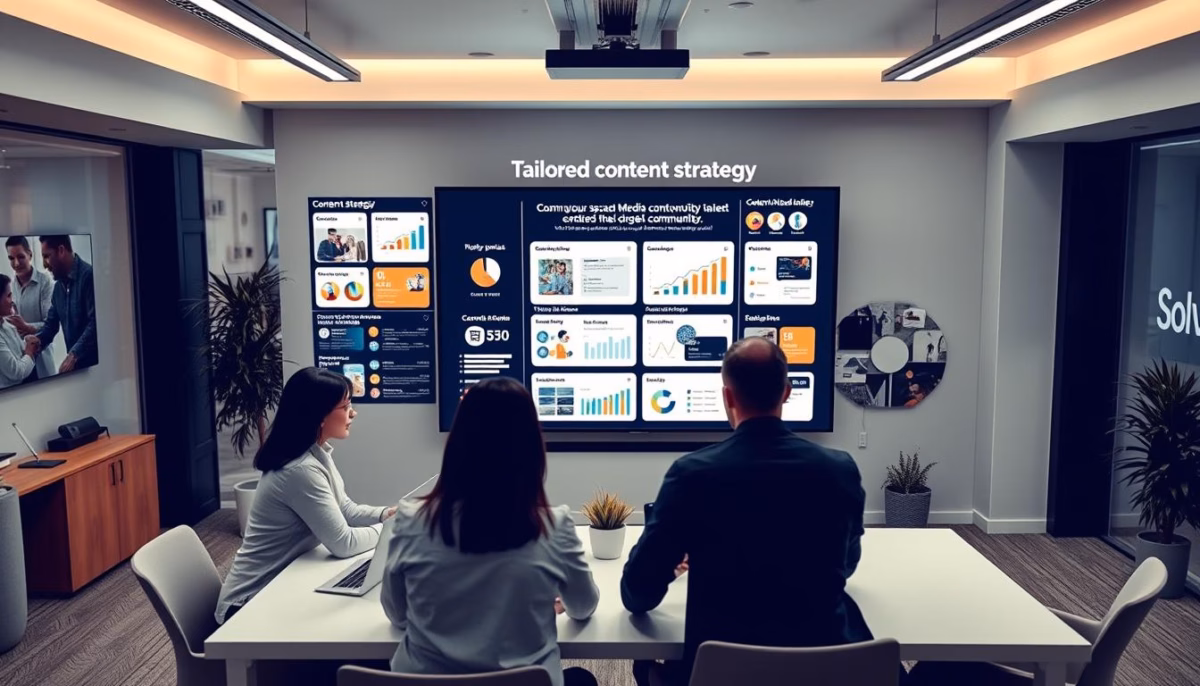 Business meeting discussing tailored content strategy for Facebook community management, featuring data visualizations and strategies on a screen, with individuals collaborating in a modern office setting.