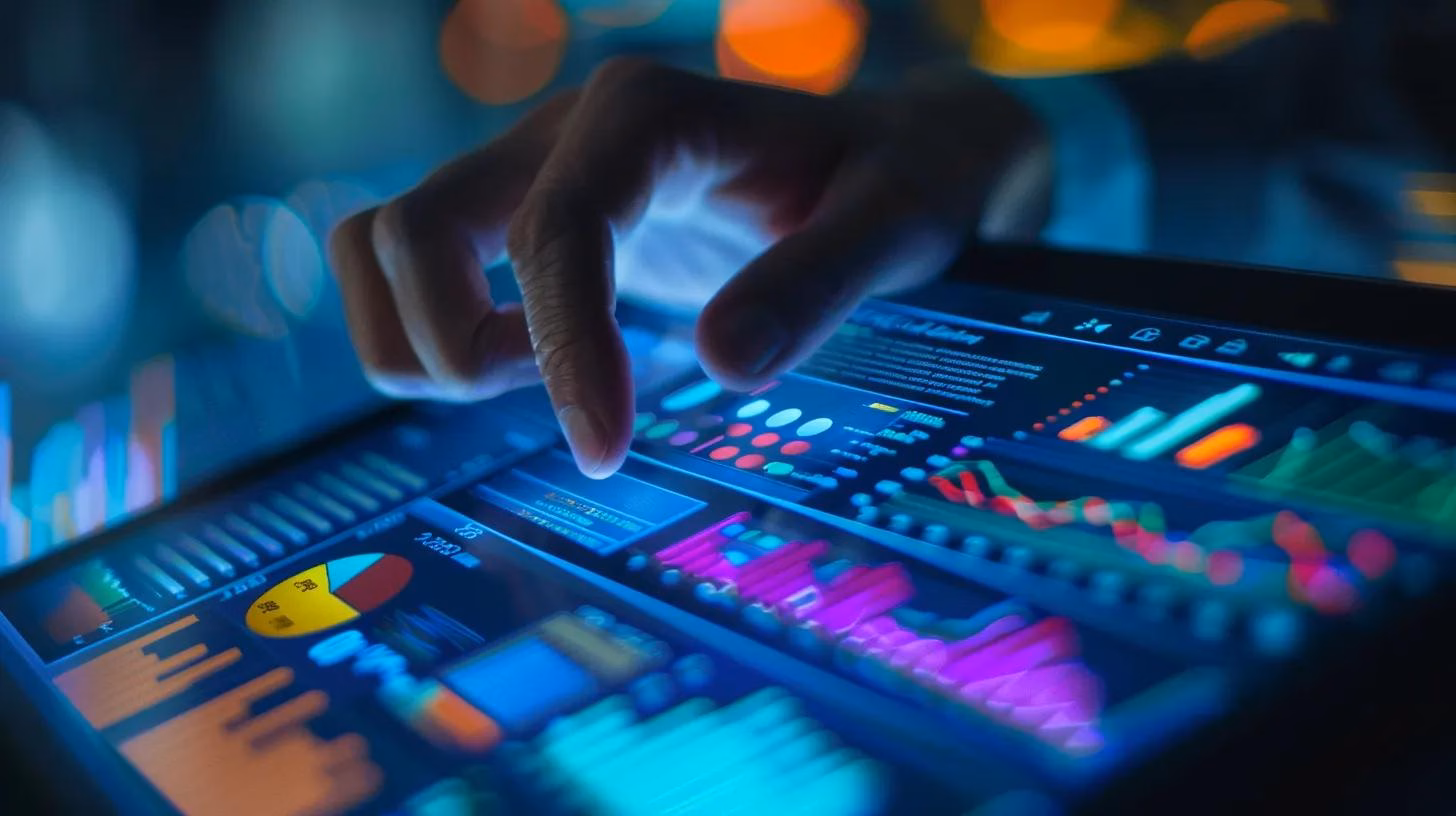 Close-up of a hand using a touchscreen with sales pipeline metrics in a sleek office