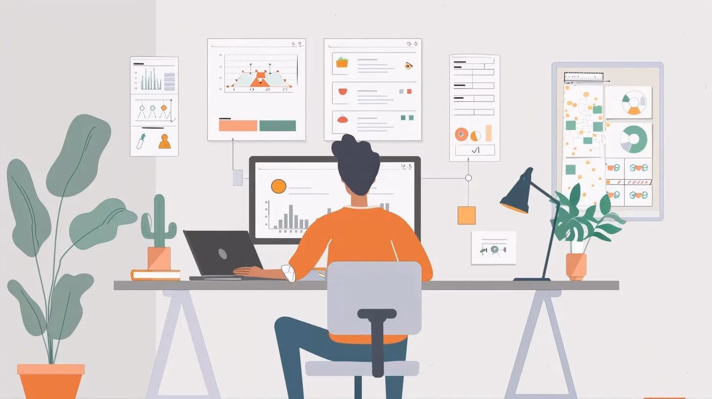 Small business owner analyzing AI-driven sales automation processes in a modern office setting
