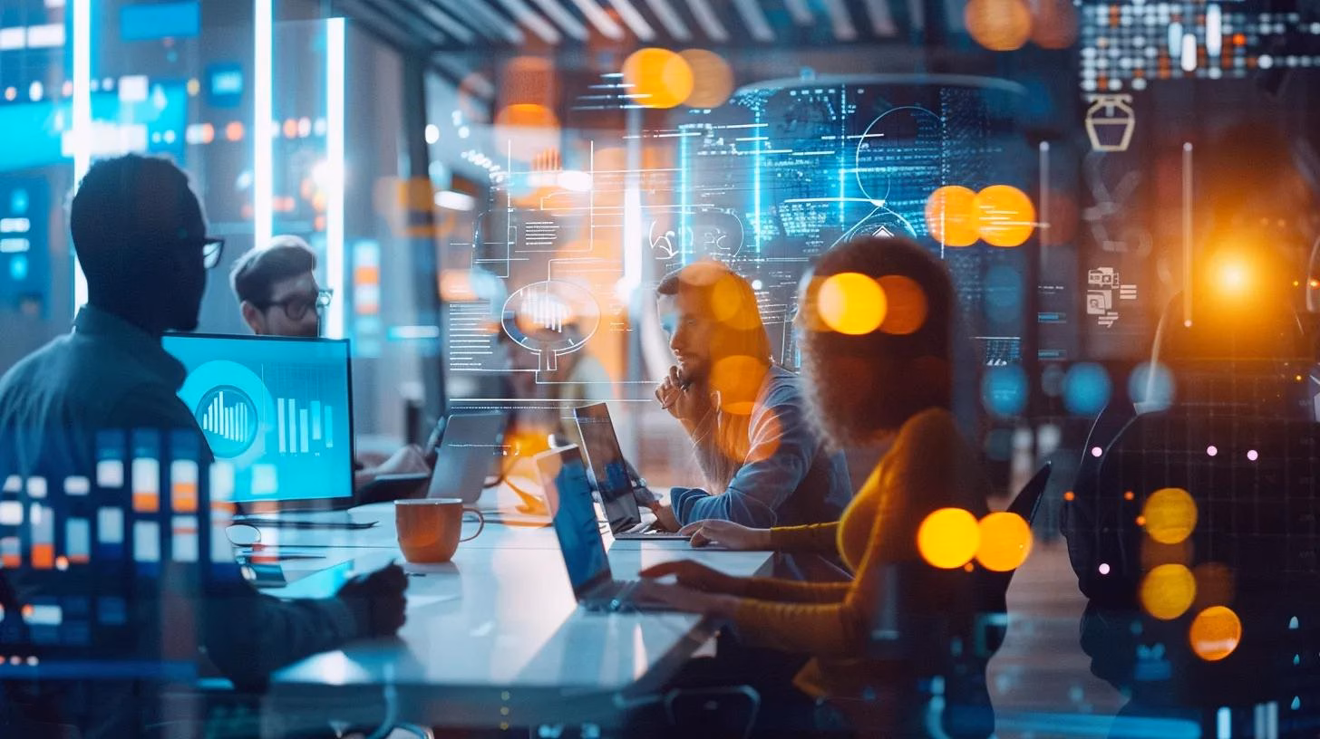 Business professional using a laptop with data visualizations in a modern workspace