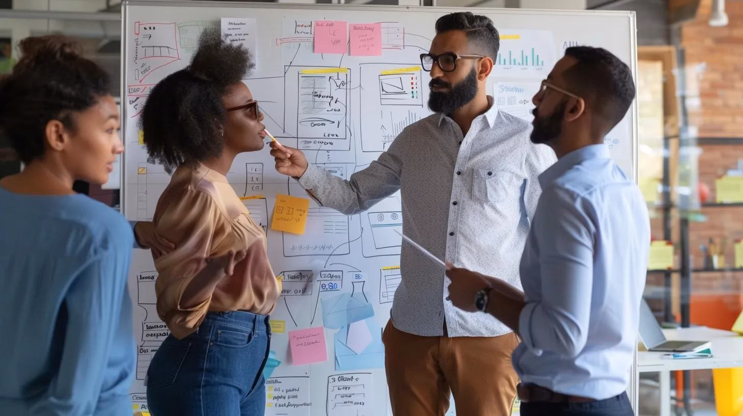 Sales team planning AI implementation strategies on a whiteboard