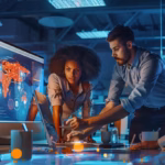 Diverse professionals collaborating in a modern office with AI analytics on screens