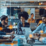 Sales professionals collaborating with AI technology in a modern office setting