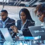 Sales professionals collaborating with AI technology in a modern office setting