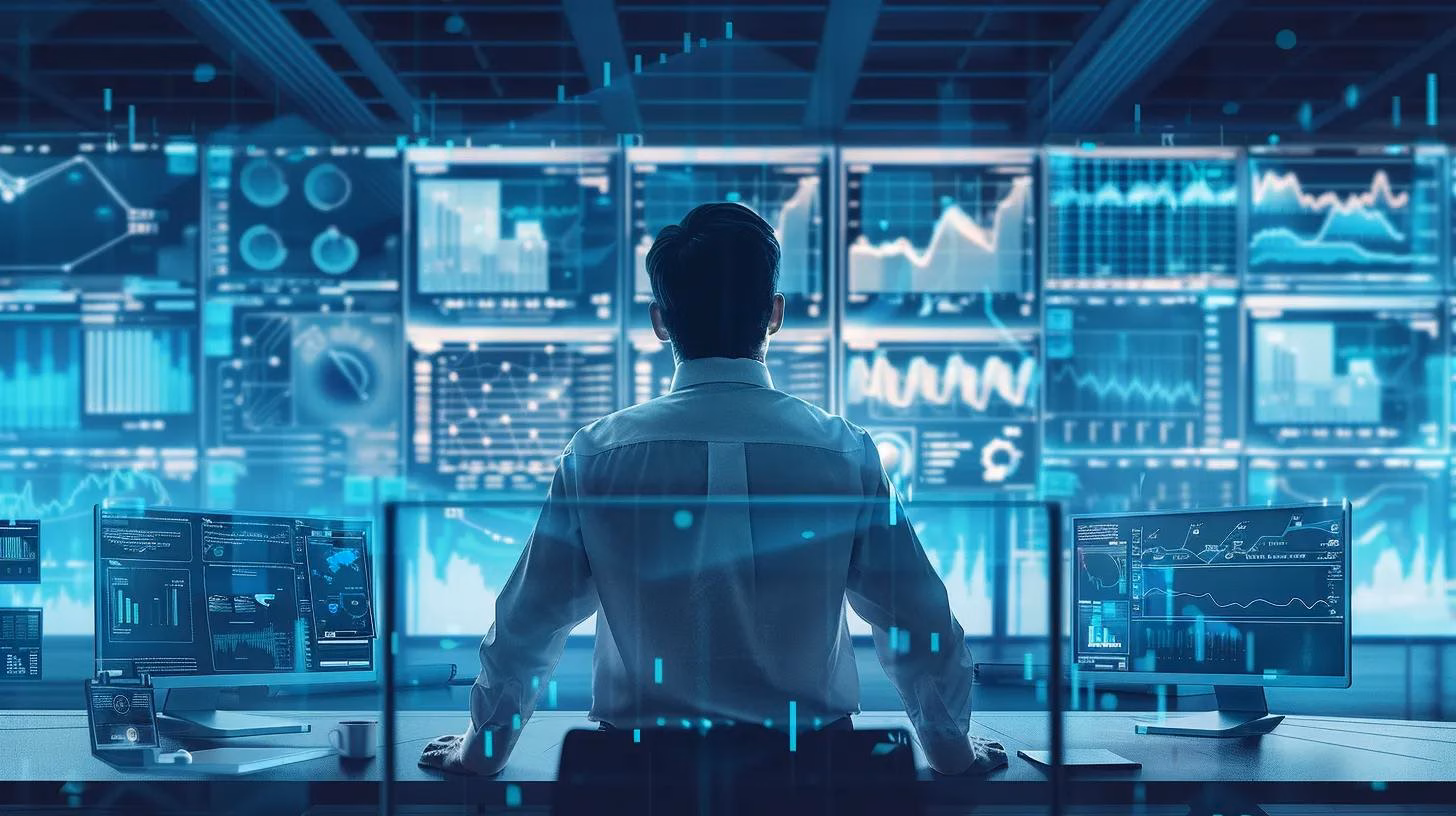 Sales leader analyzing AI tools and data analytics in a high-tech office